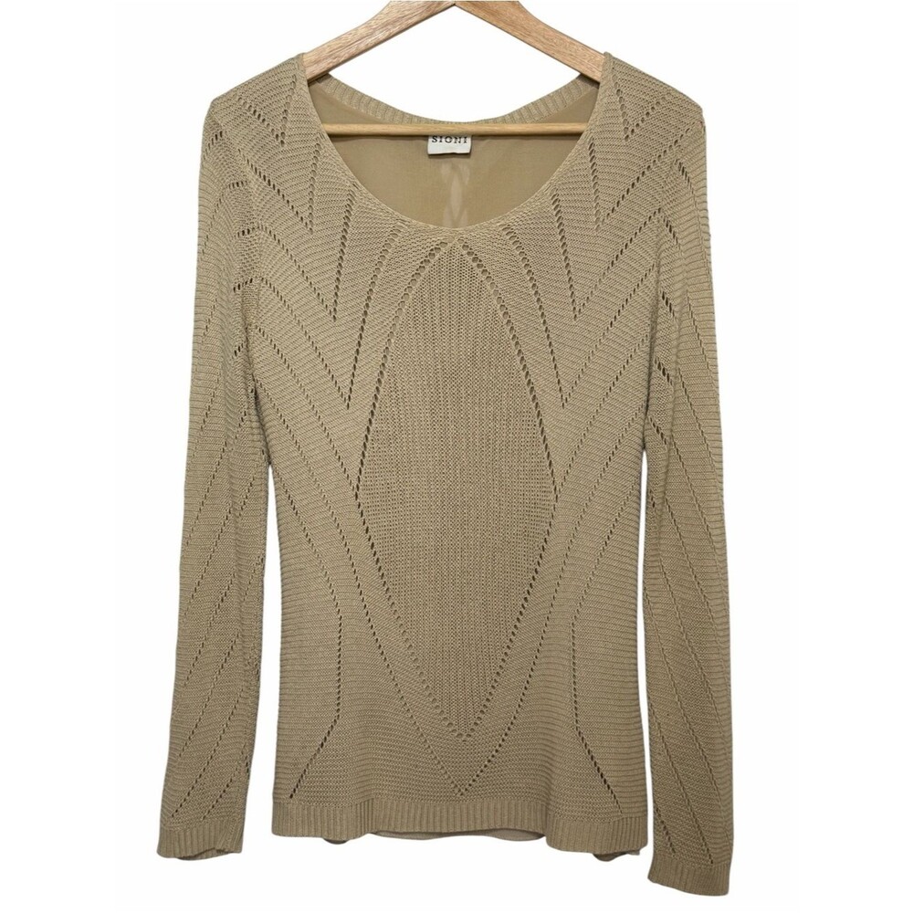 Sioni Beige Chevron Lace Up Back Scoop Open Knit Long Slv Sweater Women Sz S